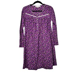 Eileen West Floral Lace Trim Button Front Long Sleeve Nightgown Size S Ruffled